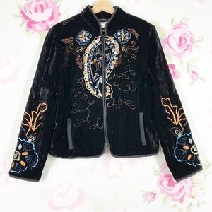 Harve Benard Black Paisley Embroidered Boho Crushed Velvet Jacket 12